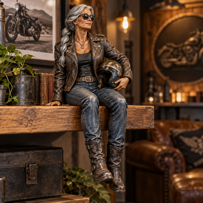 🏍️ She Rides Her Own Road | Old Biker Soul Shelf Sitter Collection