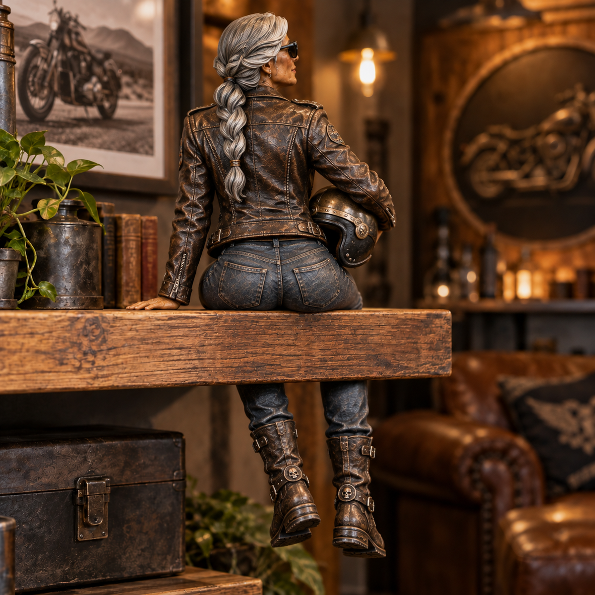 🏍️ She Rides Her Own Road | Old Biker Soul Shelf Sitter Collection