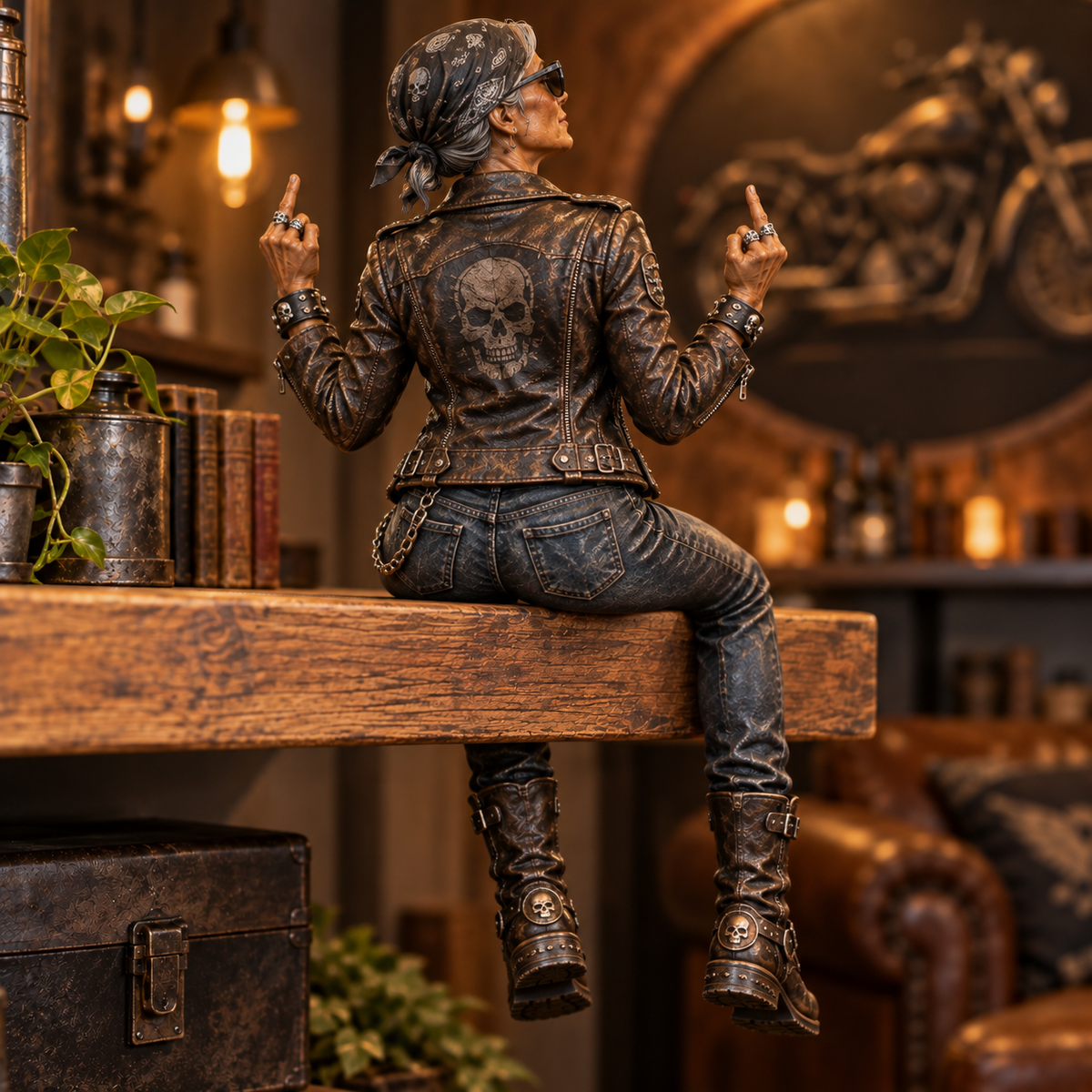 🏍️ She Rides Her Own Road | Old Biker Soul Shelf Sitter Collection