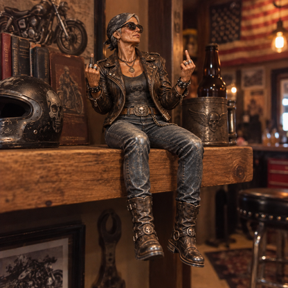 🏍️ She Rides Her Own Road | Old Biker Soul Shelf Sitter Collection