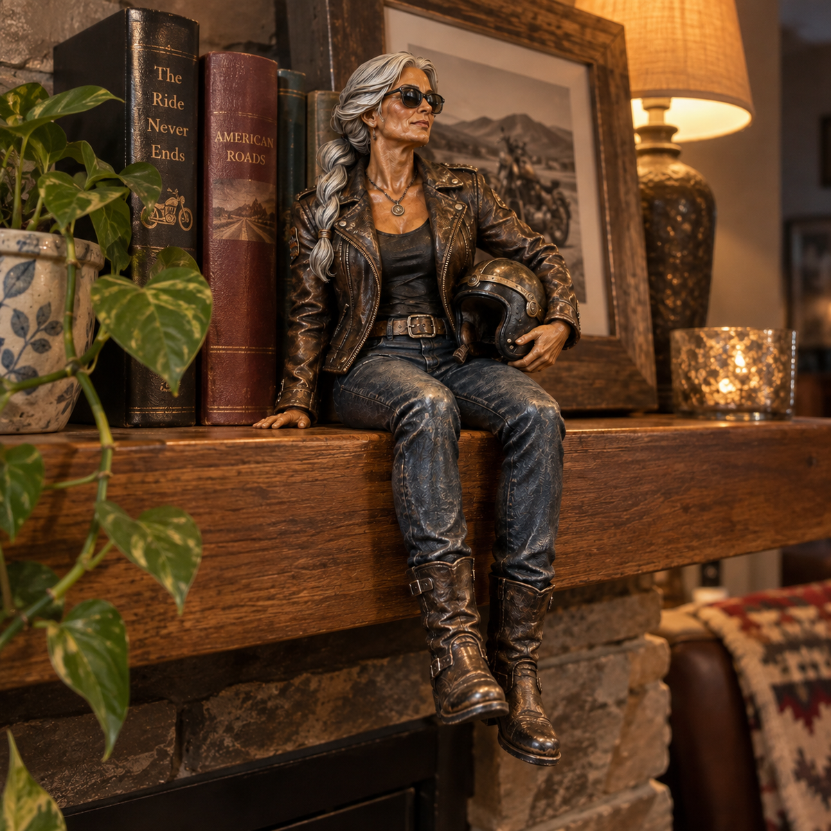 🏍️ She Rides Her Own Road | Old Biker Soul Shelf Sitter Collection