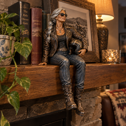 🏍️ She Rides Her Own Road | Old Biker Soul Shelf Sitter Collection