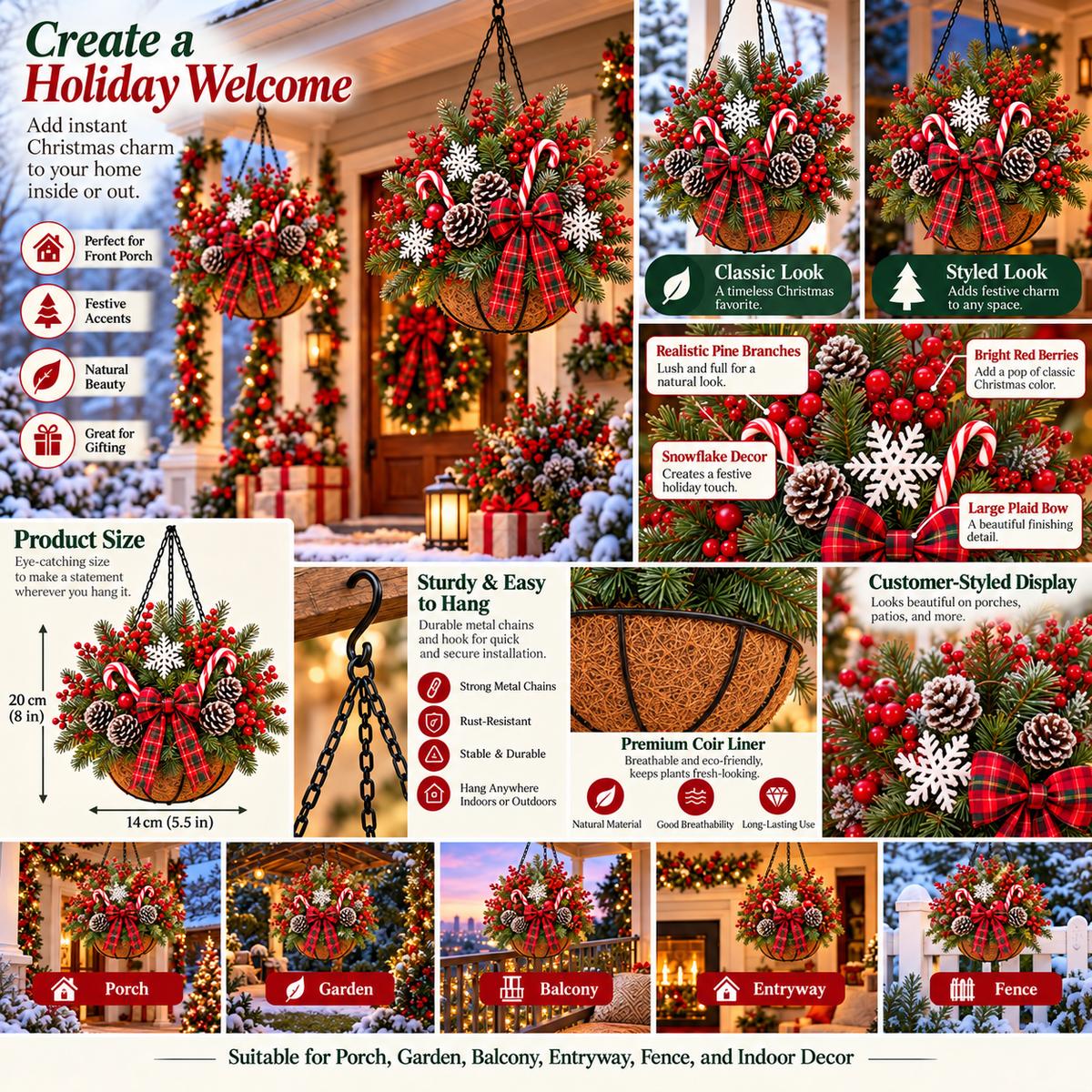🎄 Last Day 50% OFF ✨Pre-Lit Holiday Hanging Basket| Pre-lit, weather-resistant, and zero maintenance