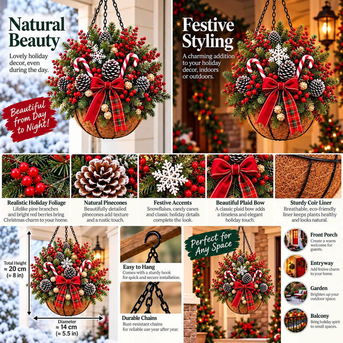 🎄 Last Day 50% OFF ✨Pre-Lit Holiday Hanging Basket| Pre-lit, weather-resistant, and zero maintenance