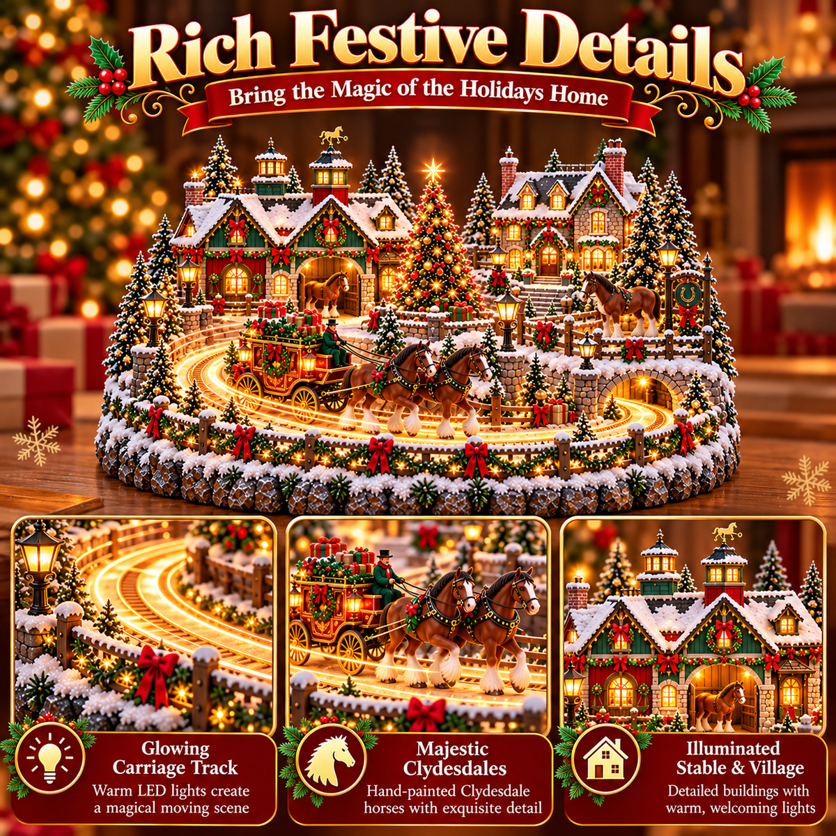 🐴 Clydesdale Christmas Carriage Village – Animated Equestrian Holiday Scene
