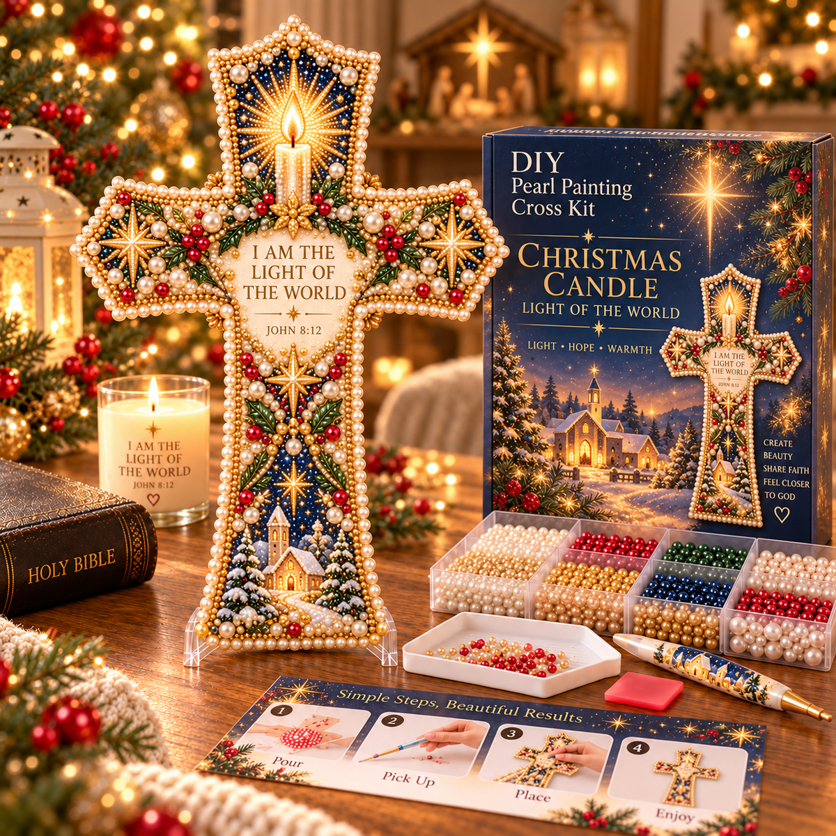 ✝️💎Christmas Scripture Cross DIY Kit – Pearl Art Faith Keepsake