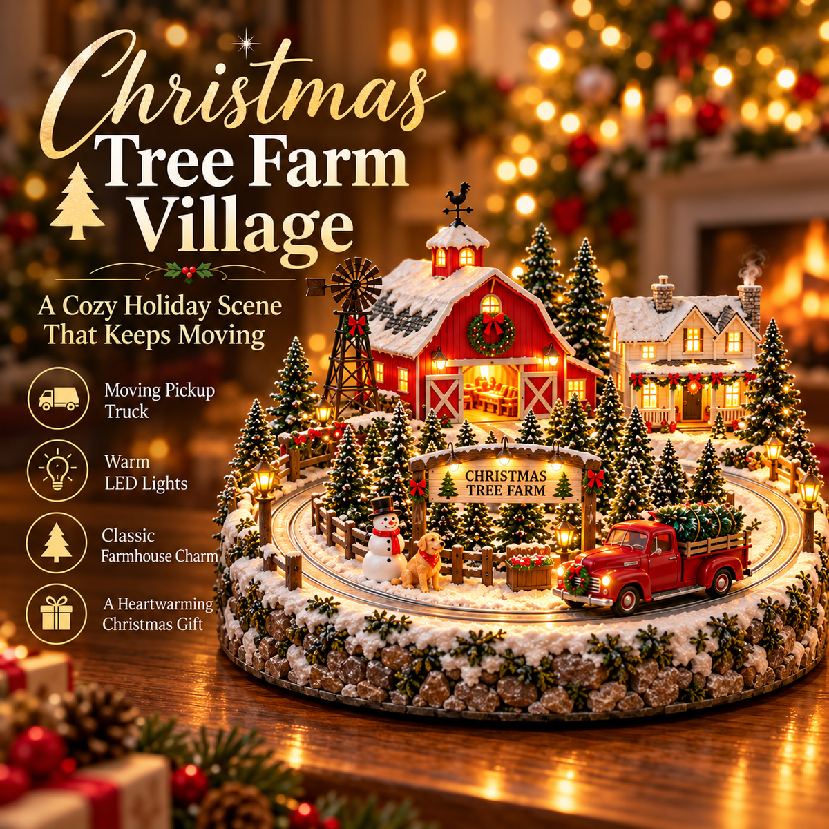 🚚🎄 Christmas Tree Farm Village™ | Animated Red Truck, Warm Lights & Rustic Holiday Charm