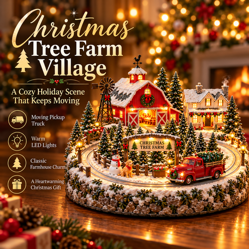 🚚🎄 Christmas Tree Farm Village™ | Animated Red Truck, Warm Lights & Rustic Holiday Charm
