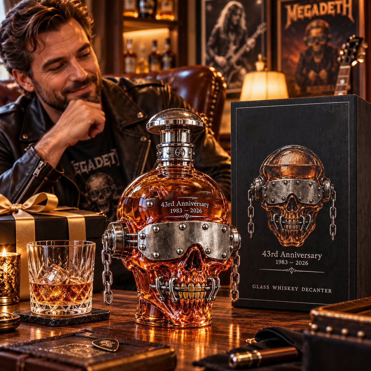 💀⛓️ 43rd Anniversary Skull Decanter – Riveted Metal & Chain Design