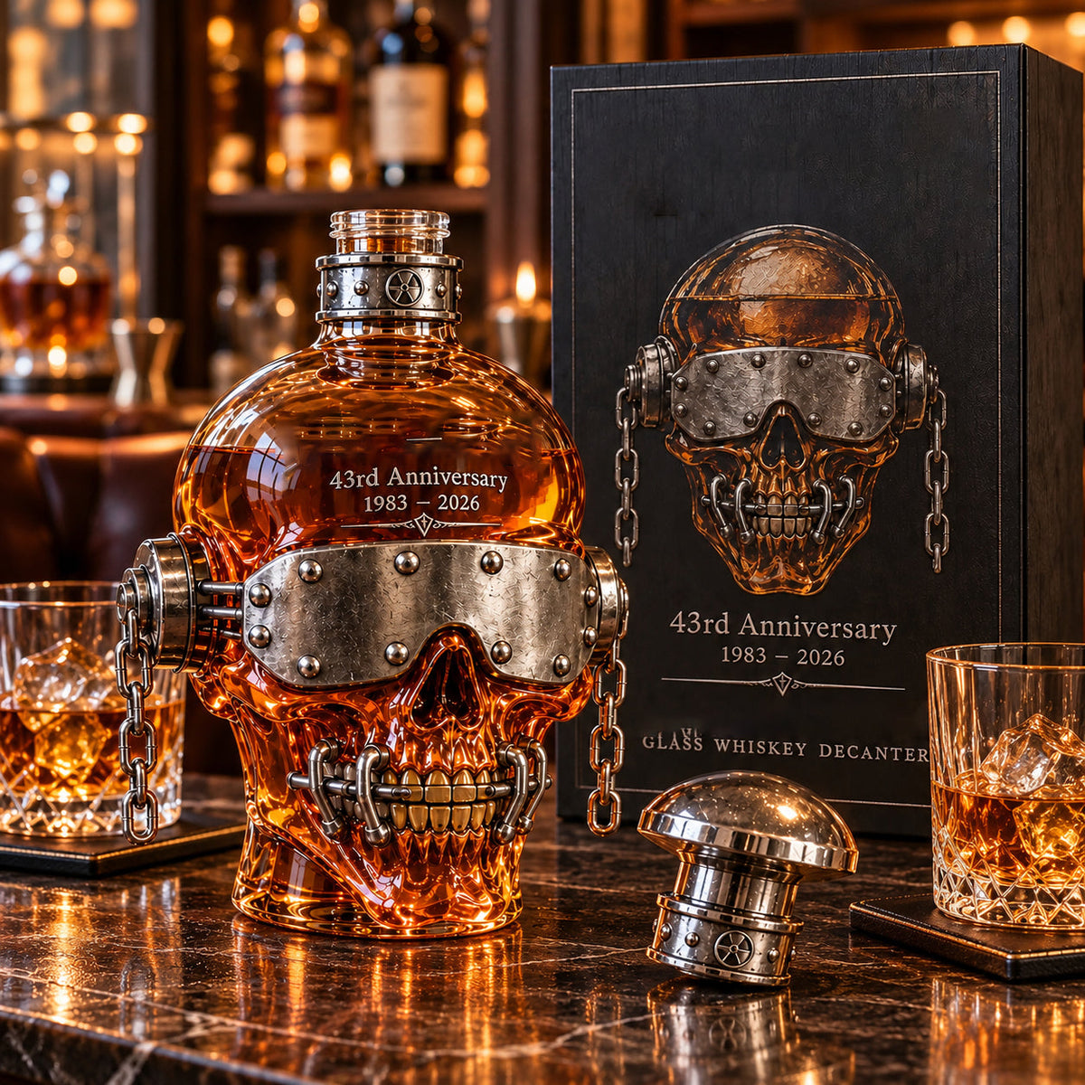 💀⛓️ 43rd Anniversary Skull Decanter – Riveted Metal & Chain Design