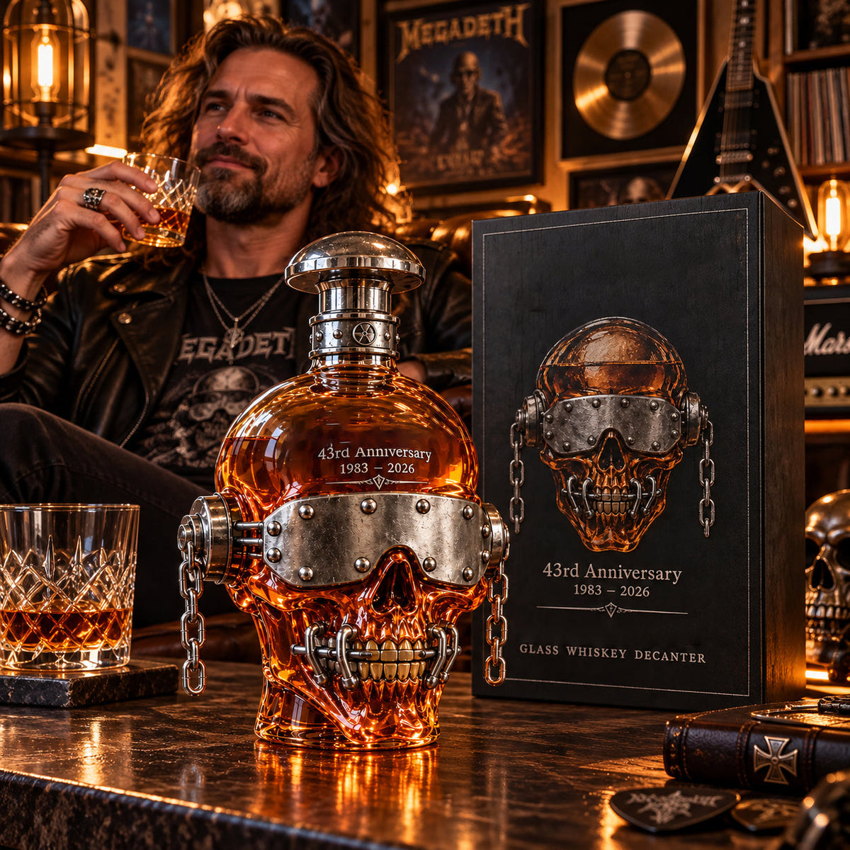 💀⛓️ 43rd Anniversary Skull Decanter – Riveted Metal & Chain Design