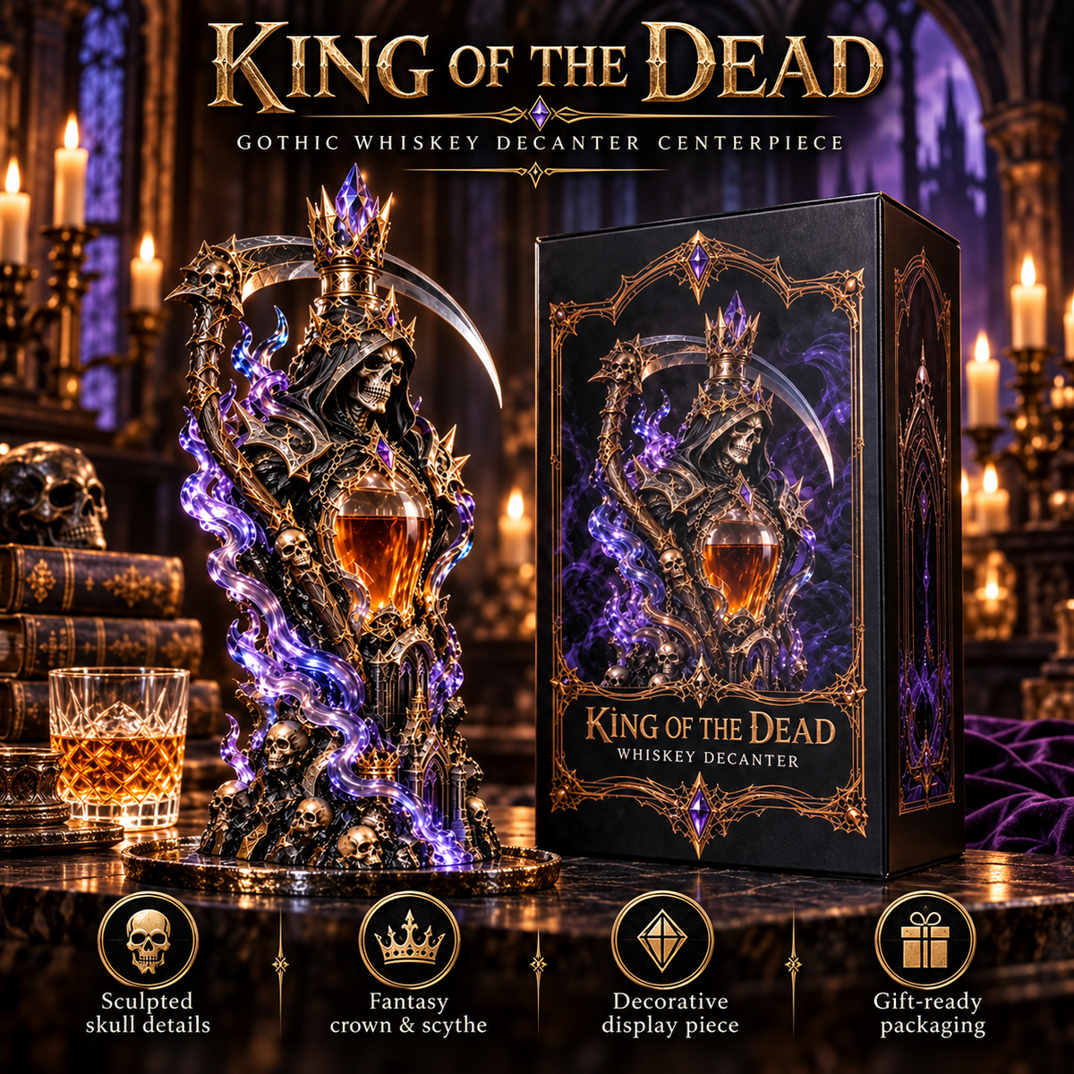 🔥Last Day 50% OFF -👑💀 Grim Reaper Whiskey Decanter – King of the Dead Collector Display
