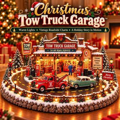 🎄🚨 Vintage Tow Truck Christmas Village™ | Lighted Roadside Rescue Display