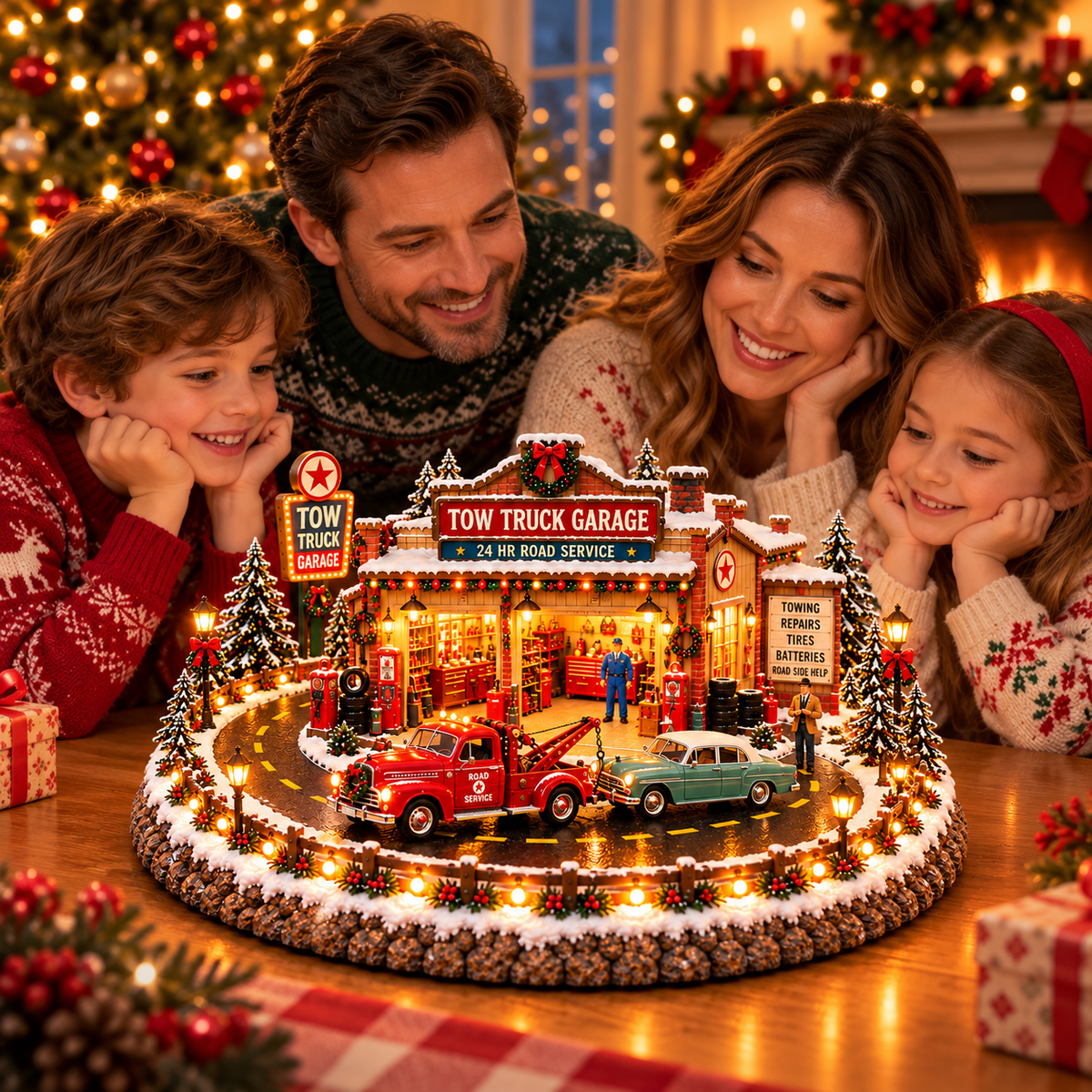 🎄🚨 Vintage Tow Truck Christmas Village™ | Lighted Roadside Rescue Display