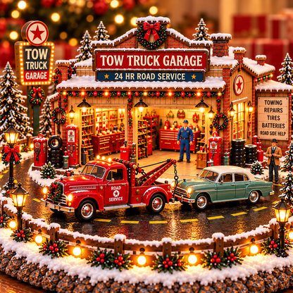 🎄🚨 Vintage Tow Truck Christmas Village™ | Lighted Roadside Rescue Display