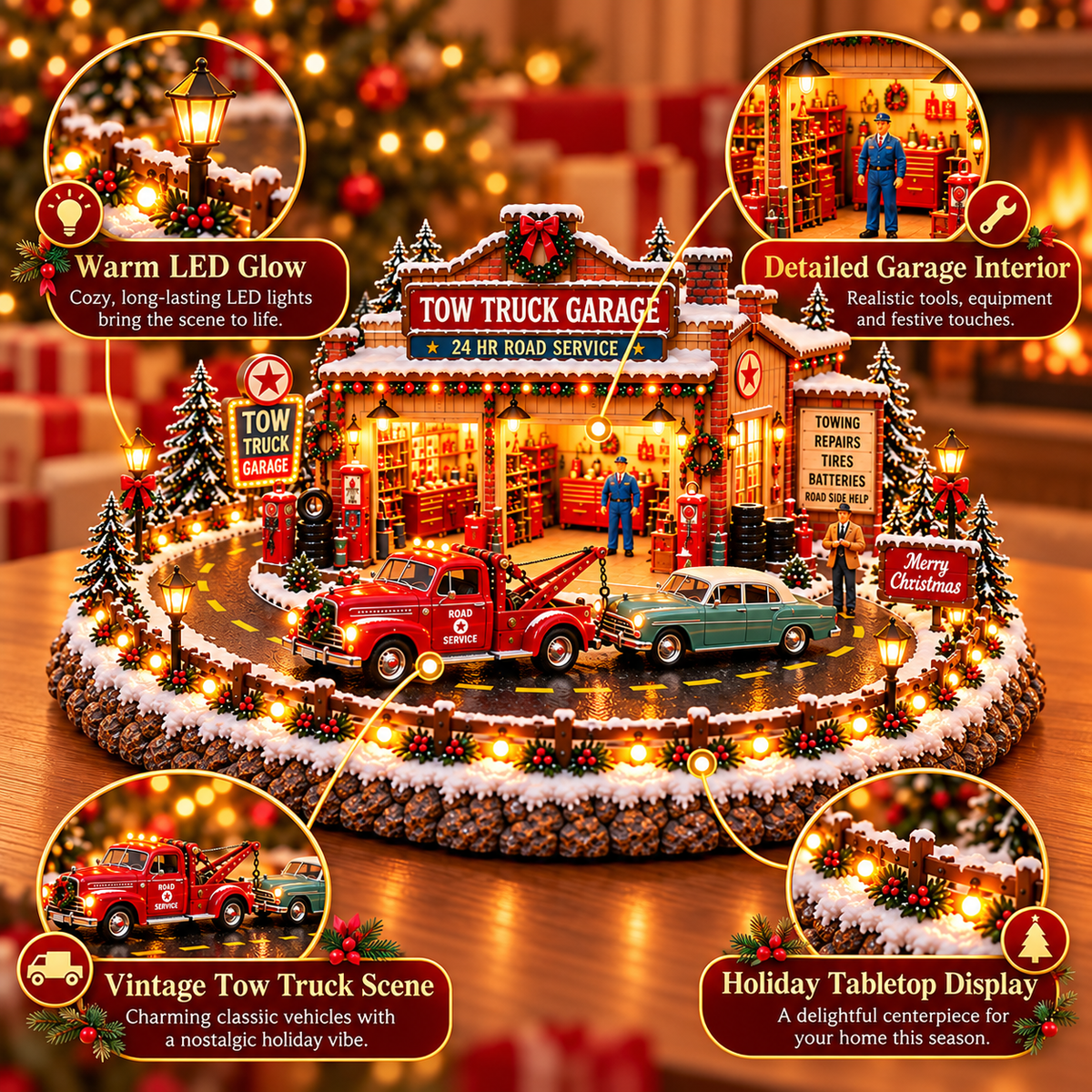 🎄🚨 Vintage Tow Truck Christmas Village™ | Lighted Roadside Rescue Display