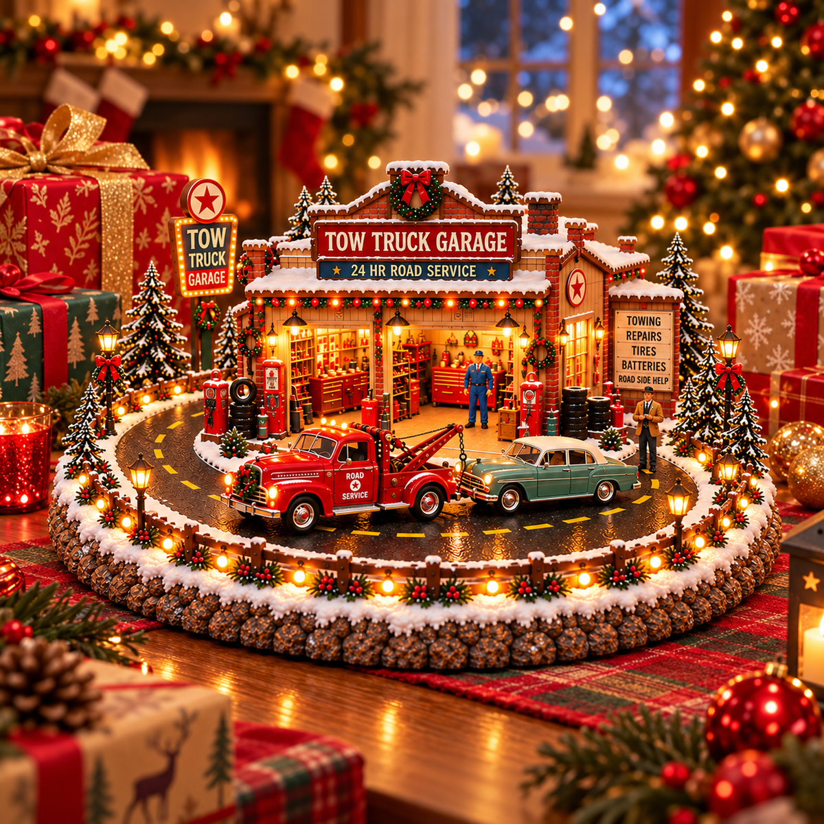 🎄🚨 Vintage Tow Truck Christmas Village™ | Lighted Roadside Rescue Display