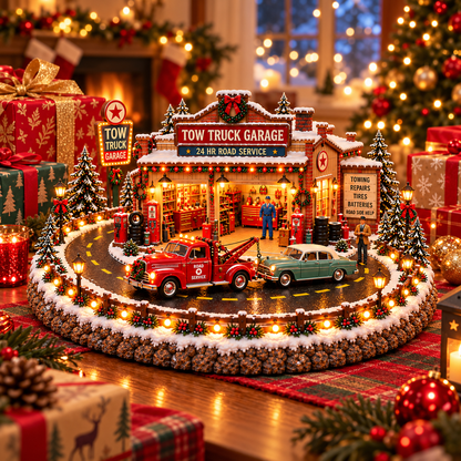 🎄🚨 Vintage Tow Truck Christmas Village™ | Lighted Roadside Rescue Display