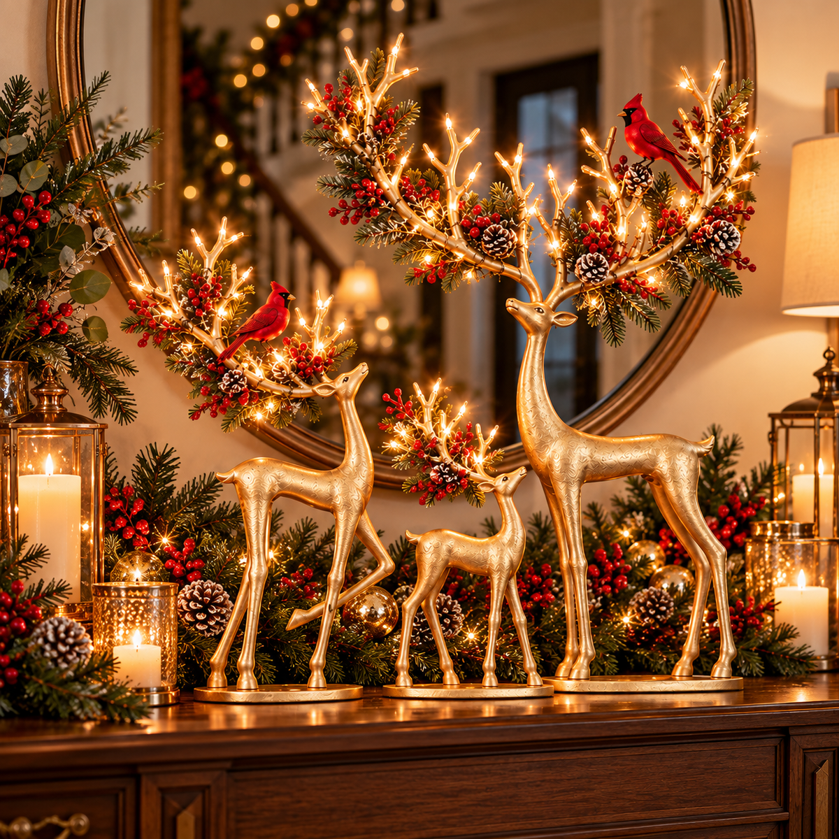 ✨ Cardinal Woodland Reindeer™ – Lighted Golden Christmas Deer Decorations
