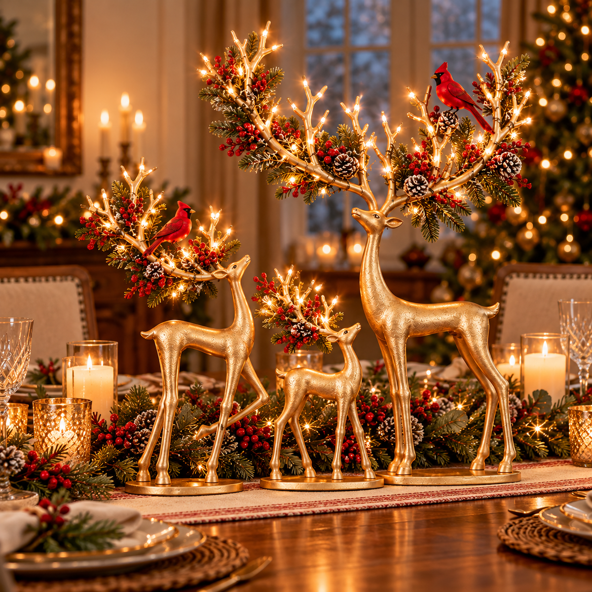 ✨ Cardinal Woodland Reindeer™ – Lighted Golden Christmas Deer Decorations