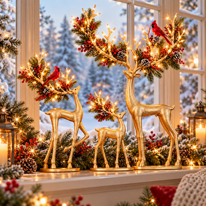 ✨ Cardinal Woodland Reindeer™ – Lighted Golden Christmas Deer Decorations