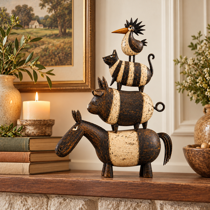 🐴🐷🐱🐓 Four Friends Rustic Farmhouse Animal Stack Statue