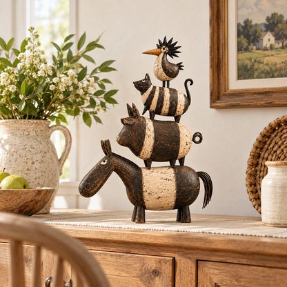 🐴🐷🐱🐓 Four Friends Rustic Farmhouse Animal Stack Statue