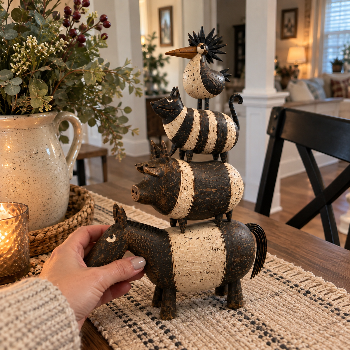 🐴🐷🐱🐓 Four Friends Rustic Farmhouse Animal Stack Statue