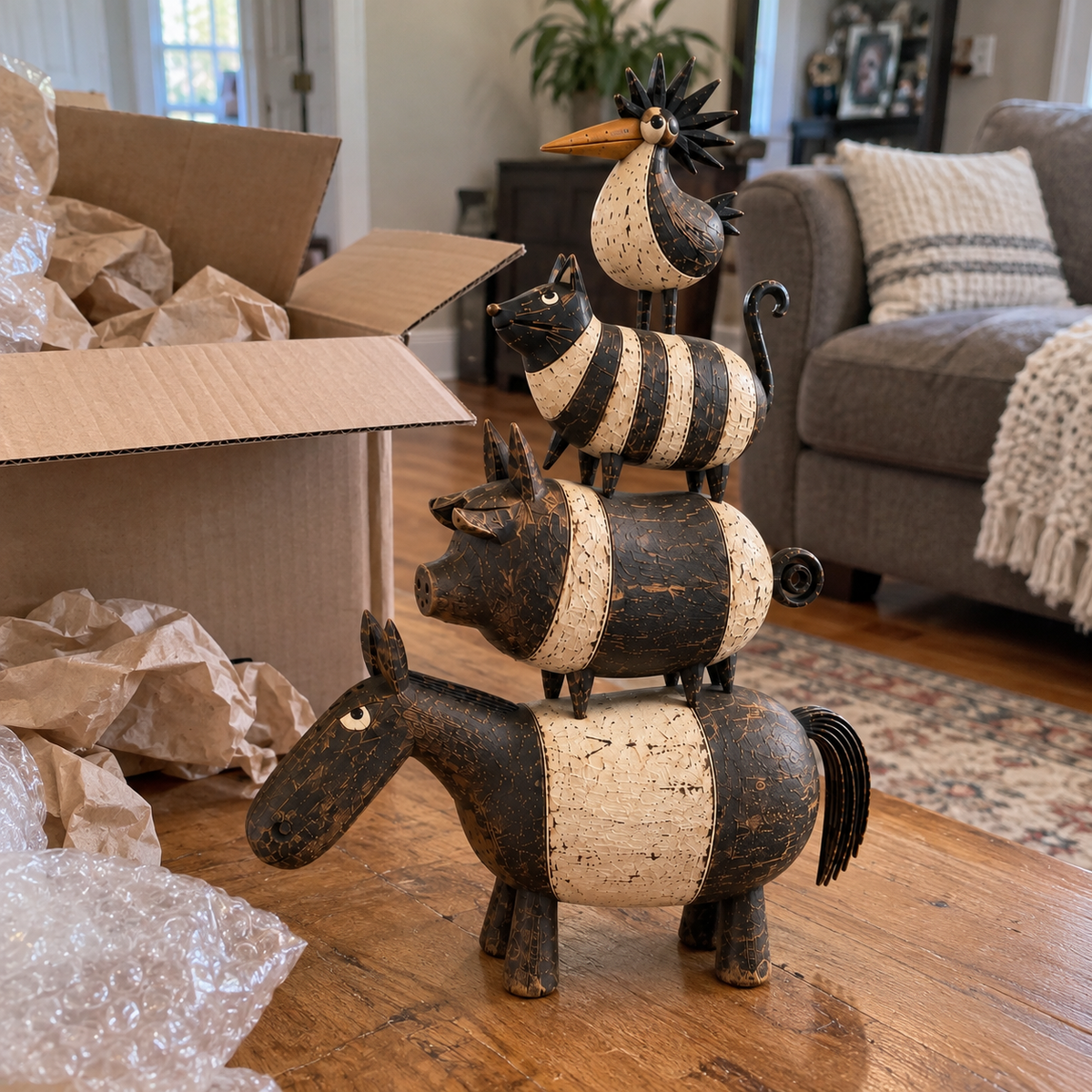 🐴🐷🐱🐓 Four Friends Rustic Farmhouse Animal Stack Statue