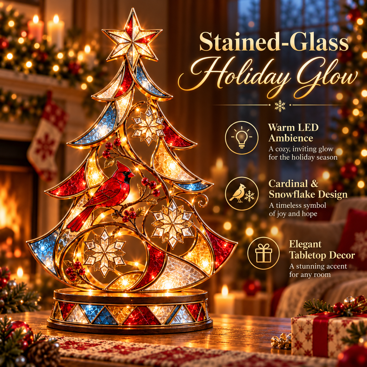 🎄🐦 Cardinal Christmas Glow™ | Lighted Stained-Glass Tree Decor