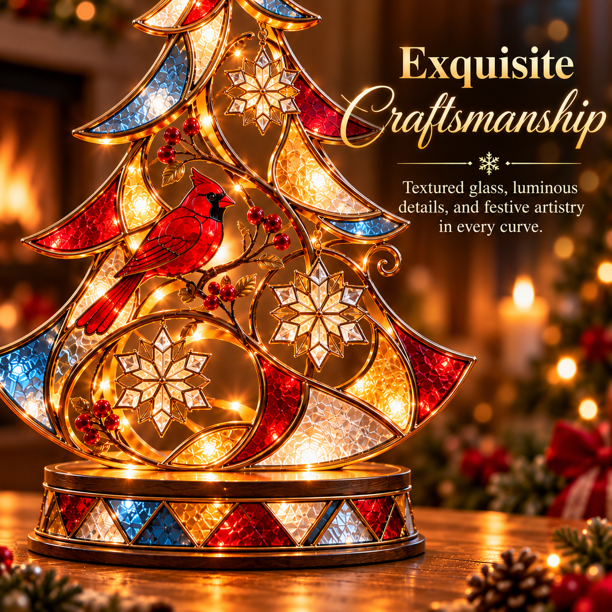 🎄🐦 Cardinal Christmas Glow™ | Lighted Stained-Glass Tree Decor
