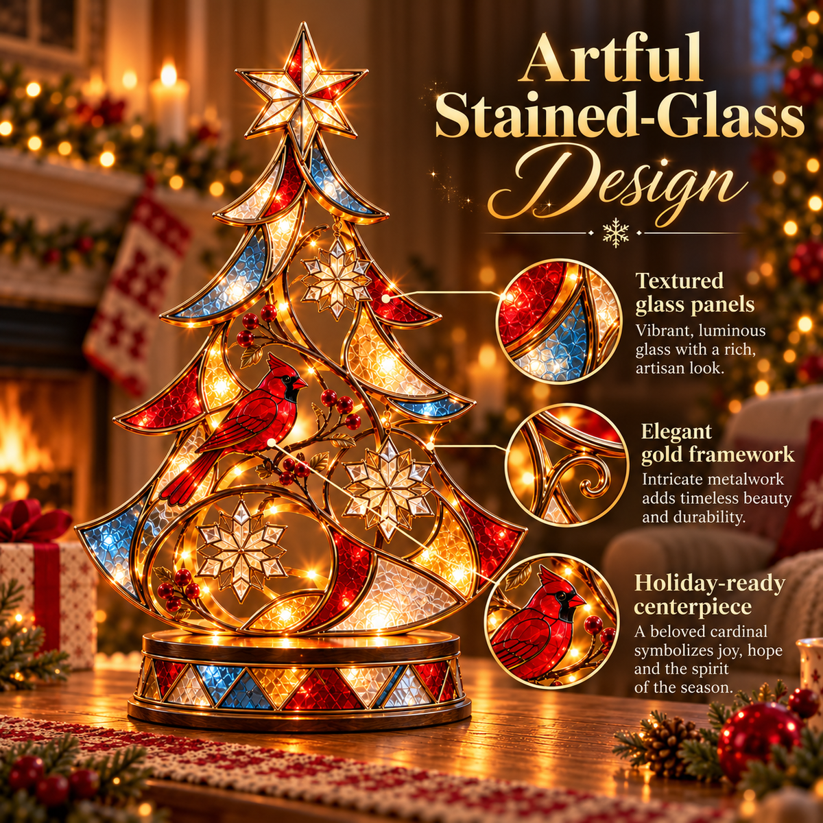 🎄🐦 Cardinal Christmas Glow™ | Lighted Stained-Glass Tree Decor