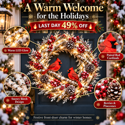 🔥 LAST DAY 49% OFF 🔥 Snowy Birch Cardinal Wreath™ – Lighted Christmas Door Wreath with Paired Red Cardinals, Berries & Pinecones ❤️🎄✨
