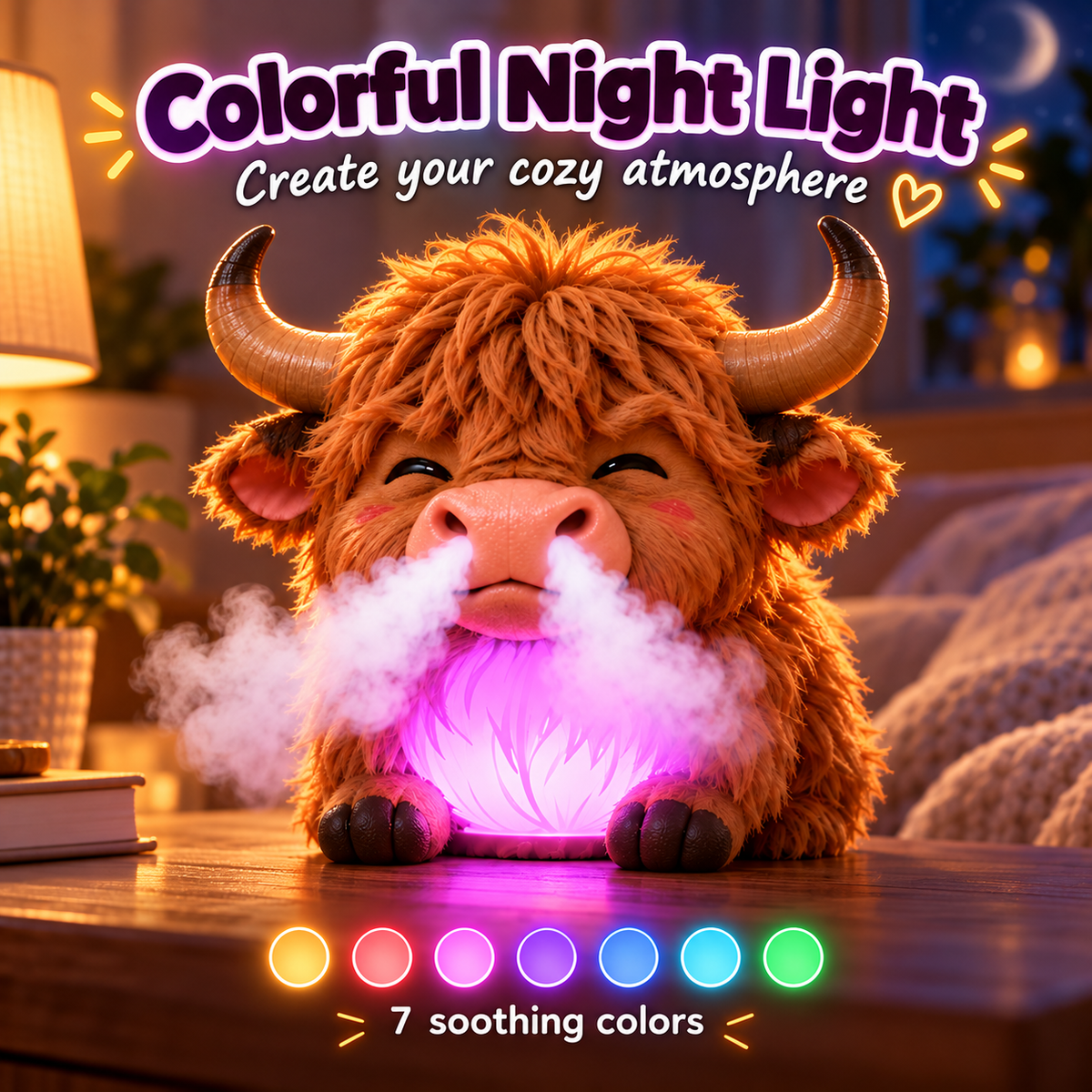 🐮 Little Highland Mist | Color-Changing Night Light Humidifier