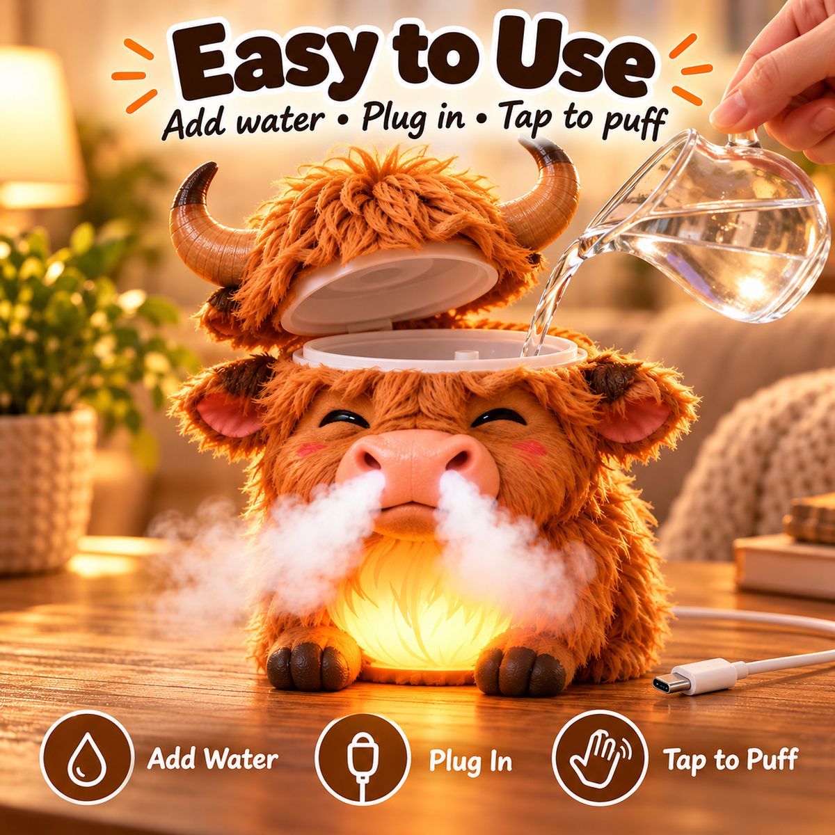 🐮 Little Highland Mist | Color-Changing Night Light Humidifier