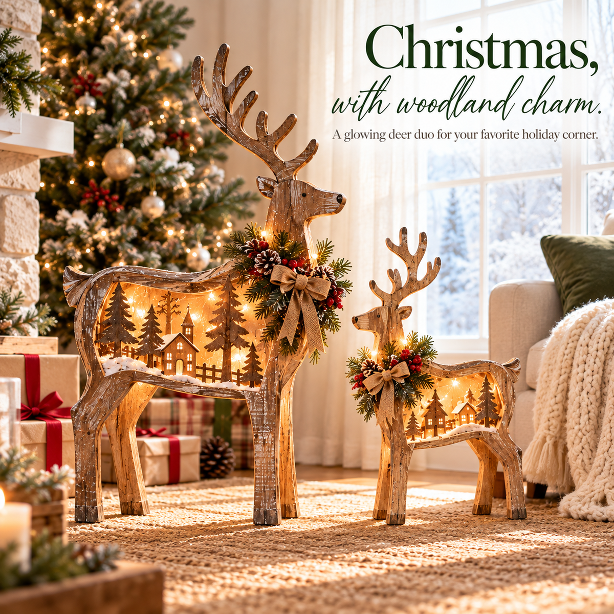 🎄🦌 Woodland Village Glow™ – Lighted Christmas Reindeer Decor ✨❤️