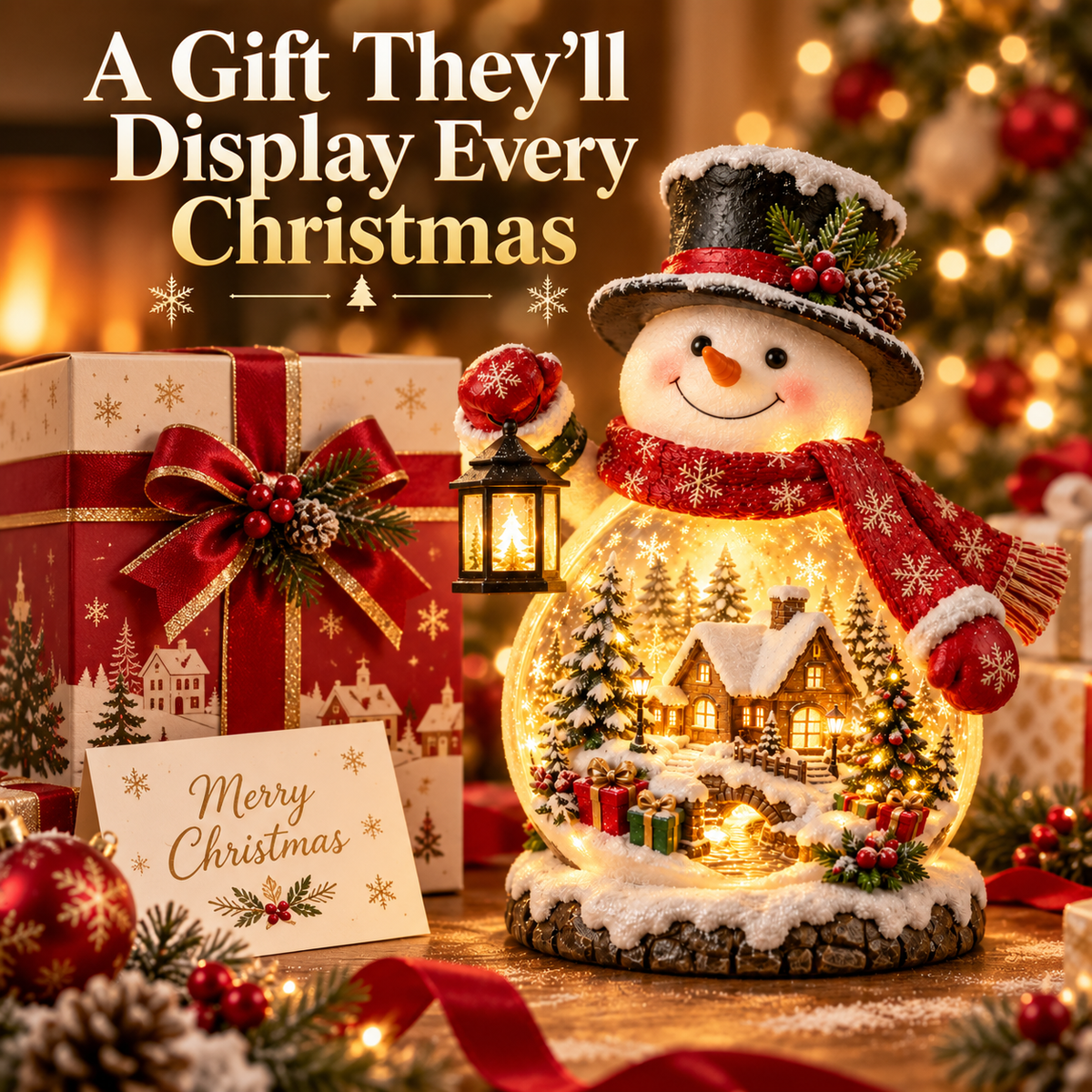 🎄☃️ Snowman’s Christmas Village Glow ✨ Lighted Holiday Tabletop Decoration