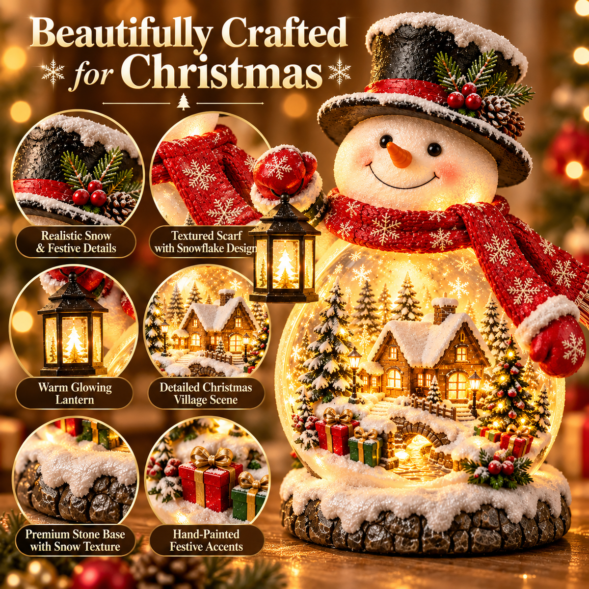 🎄☃️ Snowman’s Christmas Village Glow ✨ Lighted Holiday Tabletop Decoration