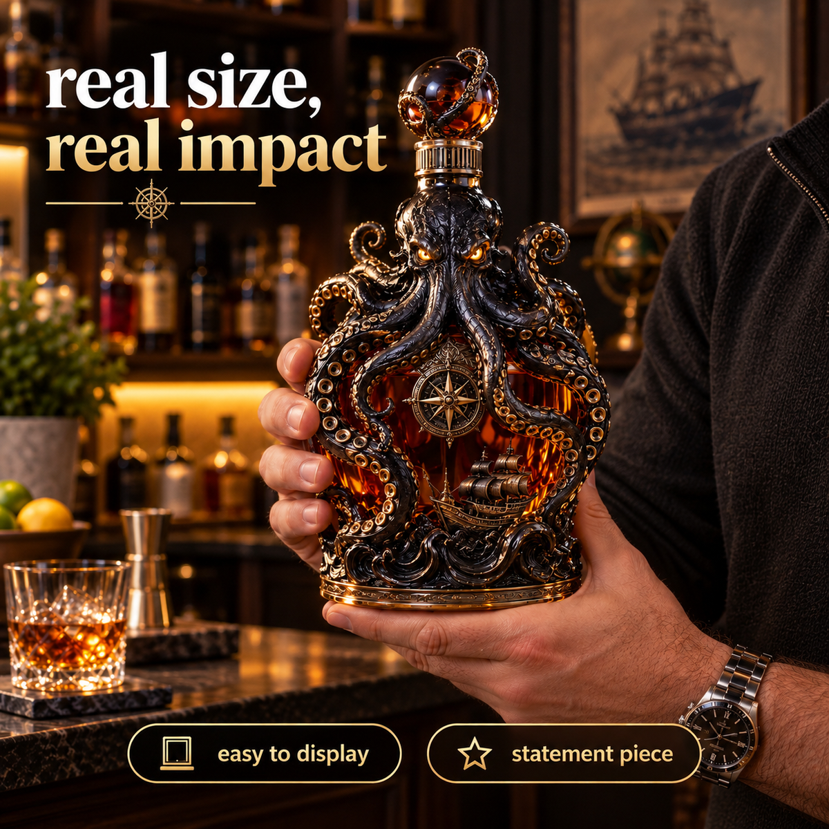 🐙Kraken Voyage Octopus Whiskey Decanter | Gothic Nautical Bar Centerpiece