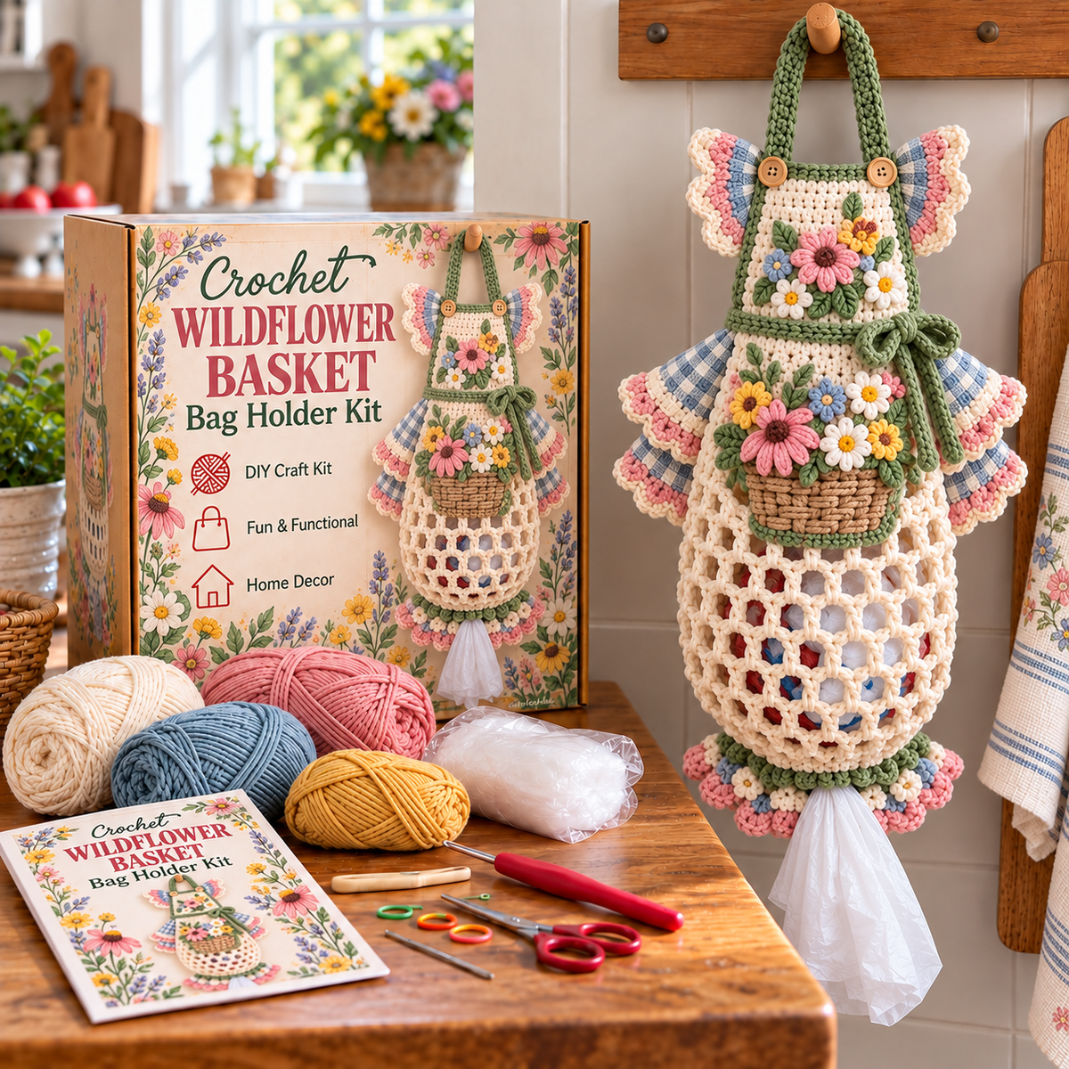 🌸🧶 Bloom & Apron™ | Vintage Floral Crochet Bag Holder DIY Kit