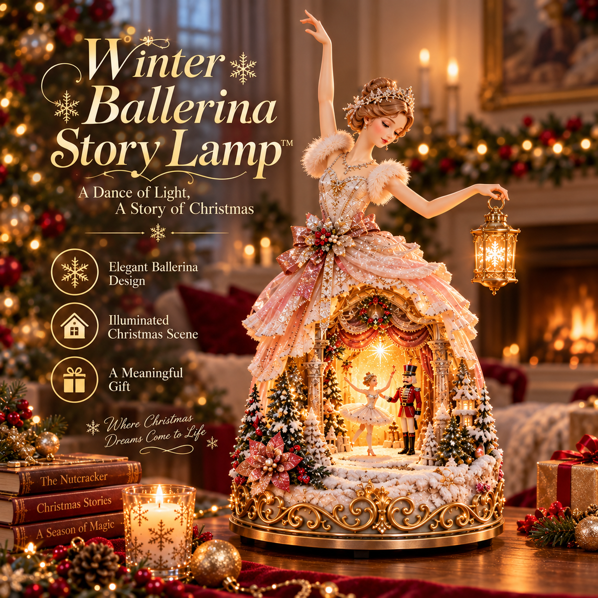 🩰✨ Winter Ballerina Story Lamp – A Glowing Christmas World Beneath Her Dress