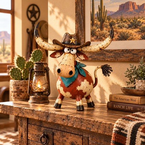 🤠🐂 Whimsical Cowboy Longhorn Figurine – Big Horns, Big Personality