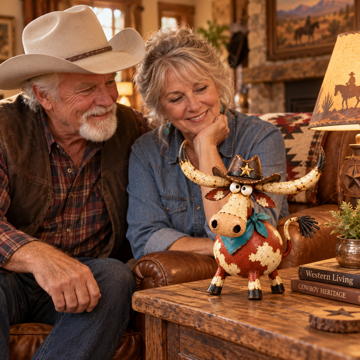 🤠🐂 Whimsical Cowboy Longhorn Figurine – Big Horns, Big Personality