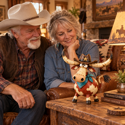 🤠🐂 Whimsical Cowboy Longhorn Figurine – Big Horns, Big Personality