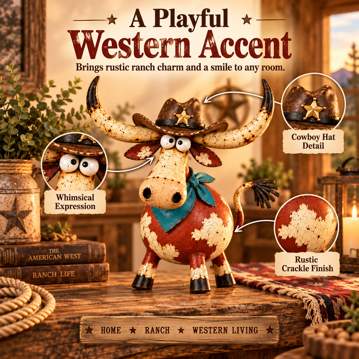 🤠🐂 Whimsical Cowboy Longhorn Figurine – Big Horns, Big Personality