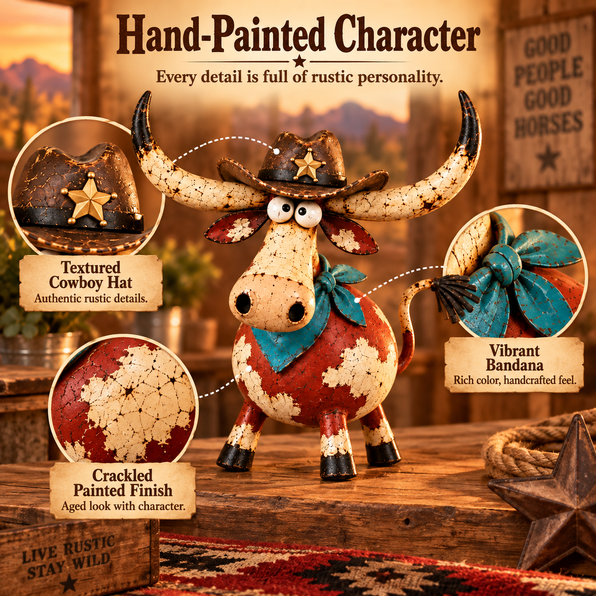 🤠🐂 Whimsical Cowboy Longhorn Figurine – Big Horns, Big Personality