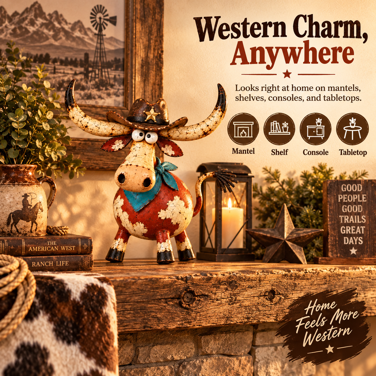 🤠🐂 Whimsical Cowboy Longhorn Figurine – Big Horns, Big Personality