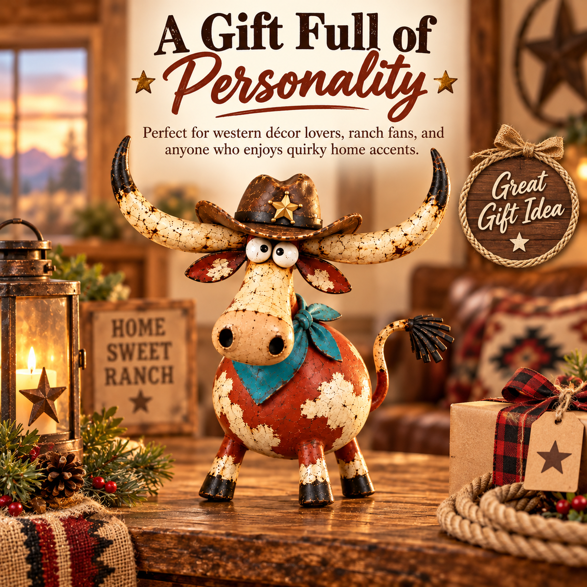 🤠🐂 Whimsical Cowboy Longhorn Figurine – Big Horns, Big Personality
