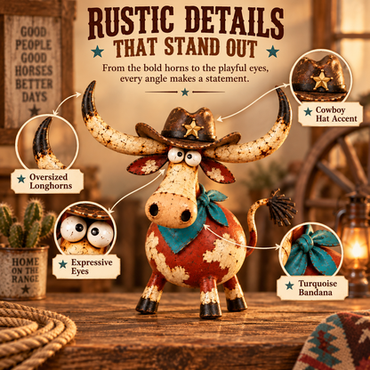 🤠🐂 Whimsical Cowboy Longhorn Figurine – Big Horns, Big Personality