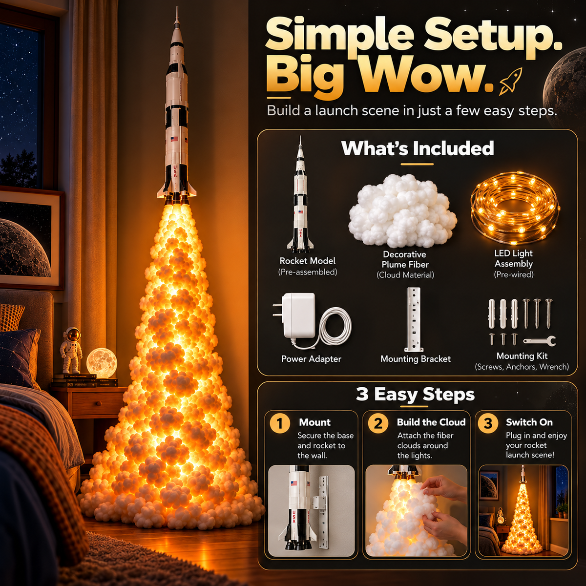 🚀🔥 Rocket Launch Cloud Lamp™ – 3D LED Blast-Off Wall Light